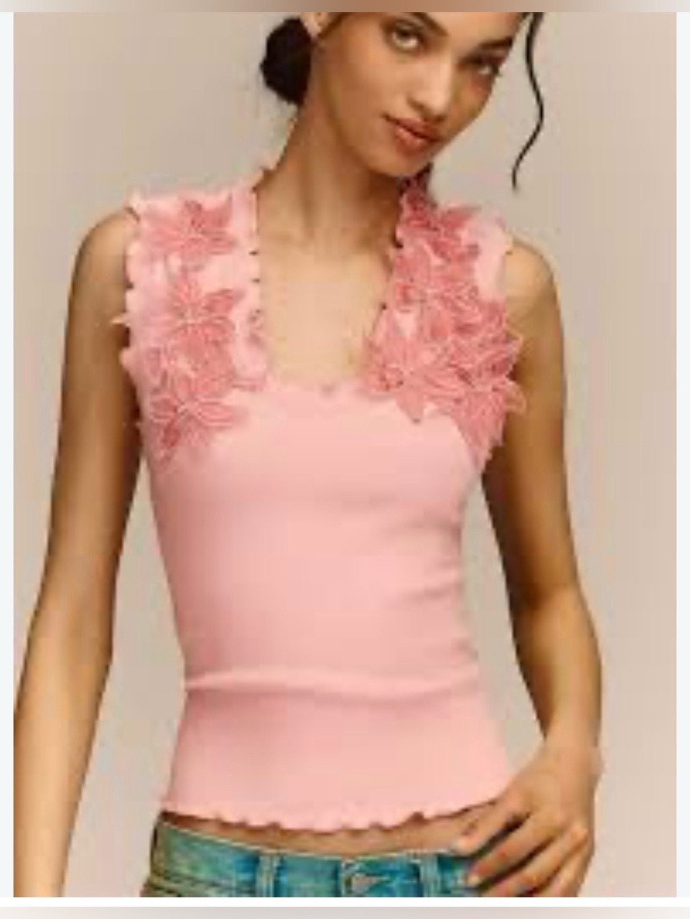 Anthropologie Appliqué Floral Tank in Pink